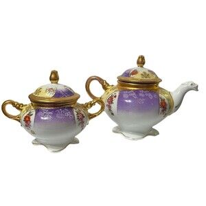 Vintage Victoria Austria Teapot & Sugar Dragon Serpent Floral Pattern Gold Trim